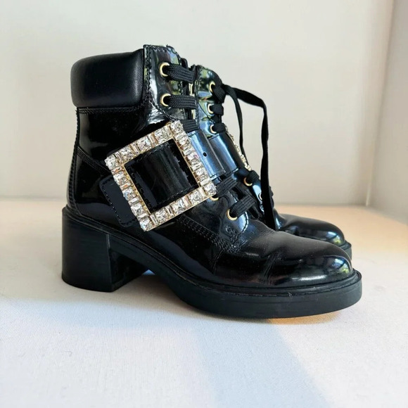 Roger Vivier Black Lace up Ankle Boots with Rhinestone Buckle 36.5 - Picture 4 of 13